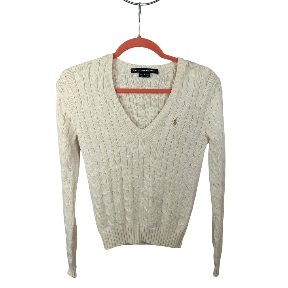 Ralph Lauren Ivory Cable-Knit V-Neck Sweater